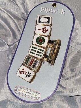Piper K Mahjong Tile Gold-Tone Hair Clip in White with Green & Red Accents LS